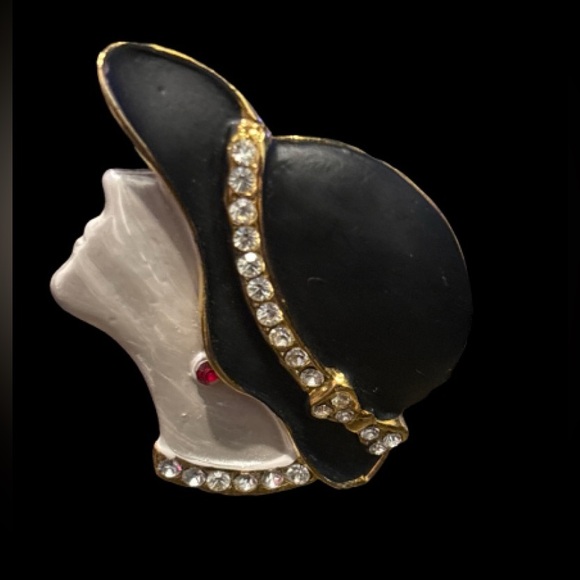 Fashion Pin Brooch Black Hat Society Lady with Rhinestones - Picture 1 of 9